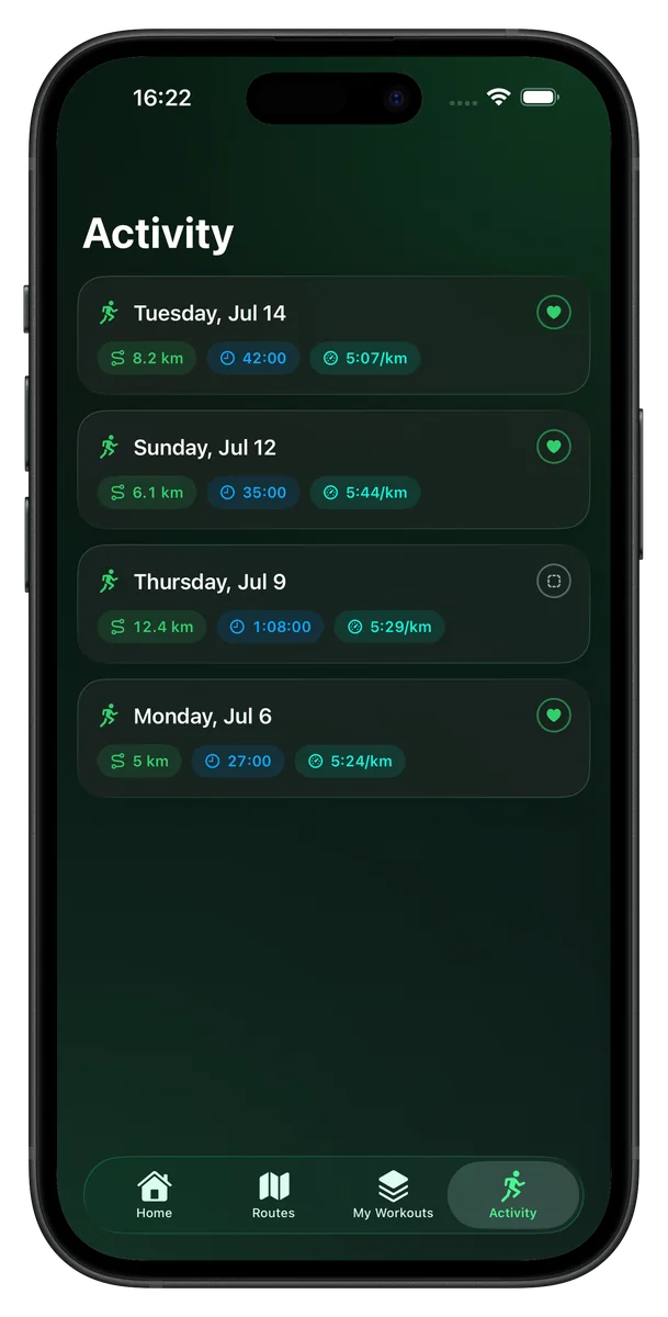 Vanoor's Activity screen on iPhone: a finished run with its map, splits and a Synced to Health chip