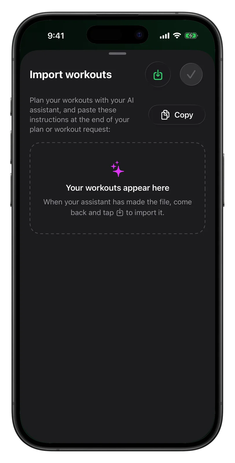 Vanoor's Import workouts screen on iPhone with a Copy button for the AI instructions