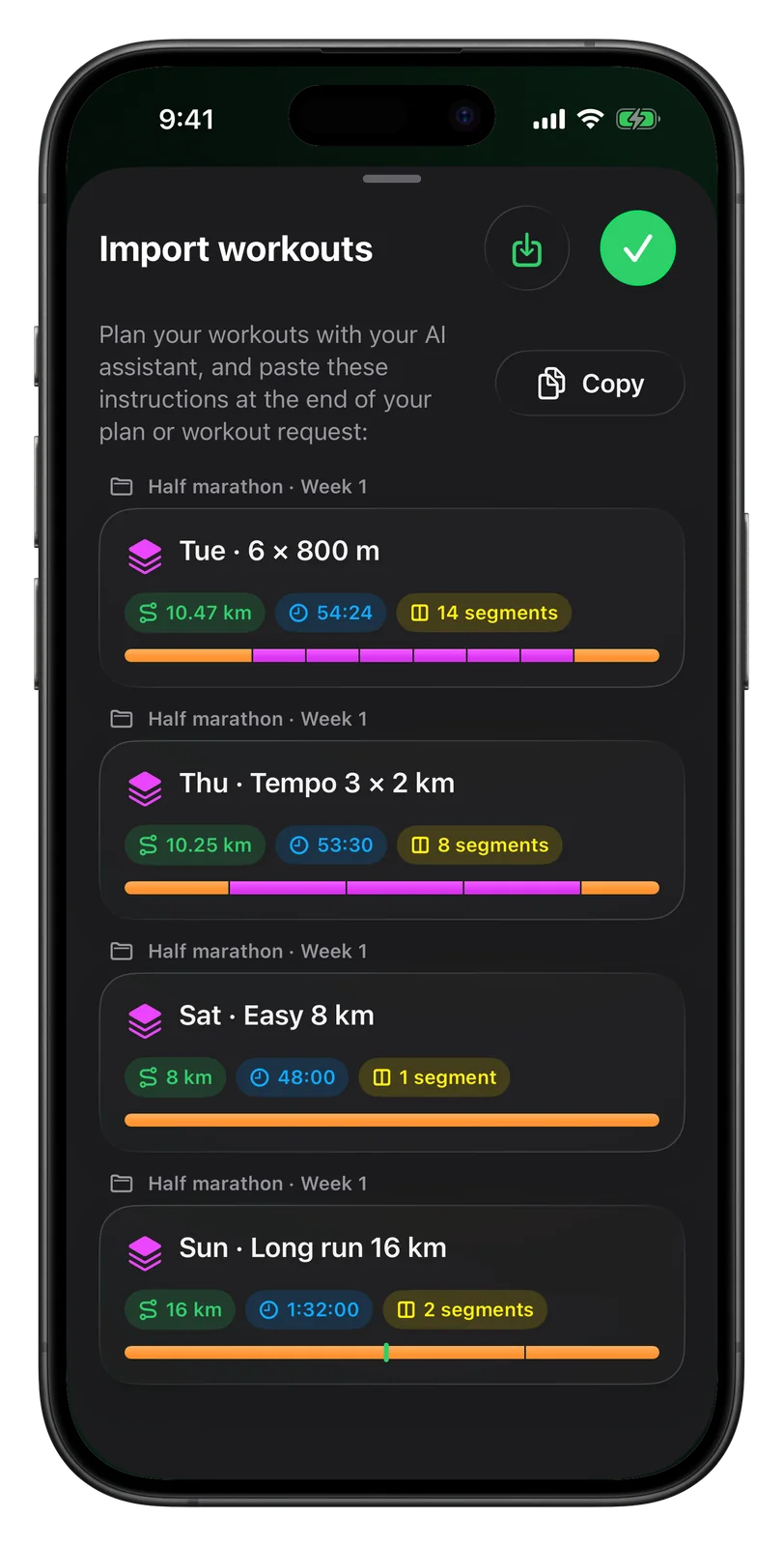Four AI-planned running workouts imported into Vanoor on iPhone: intervals, tempo, easy run and long run for half marathon week 1
