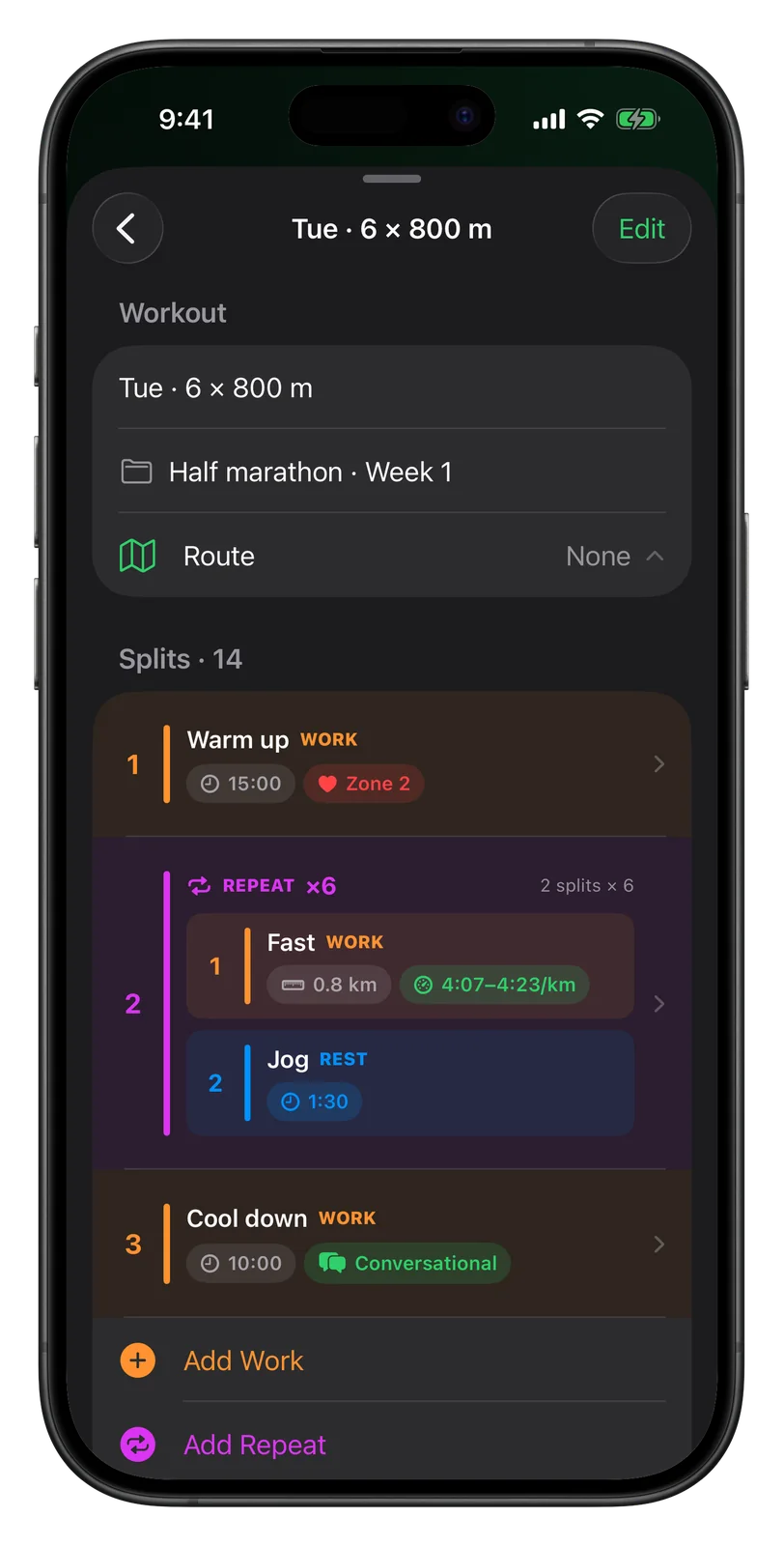 An imported 6 × 800 m interval workout open in Vanoor's workout builder: warm-up in zone 2, a repeat block with a 4:07–4:23/km pace band, jog recoveries and a cool-down
