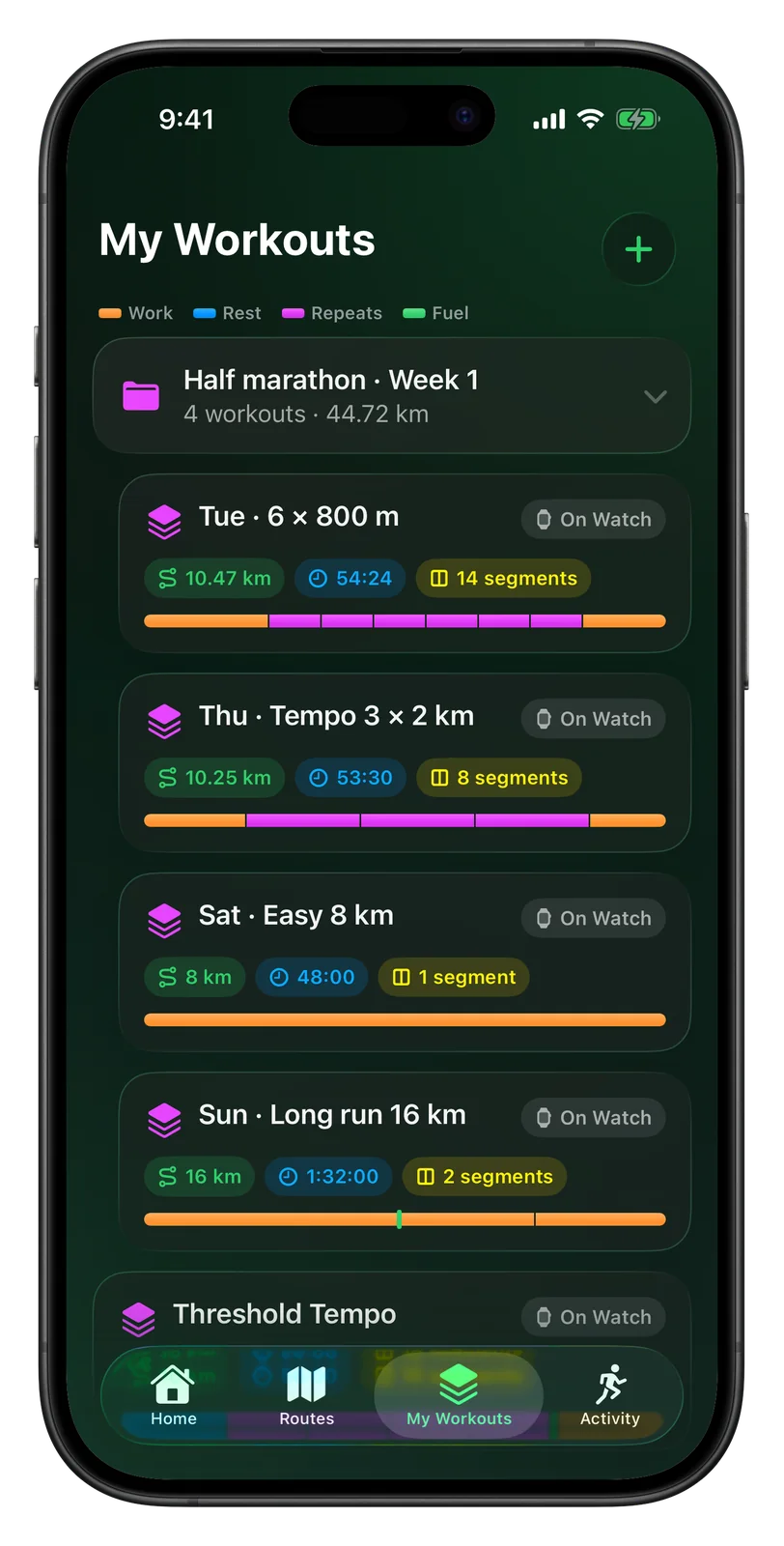 Vanoor My Workouts on iPhone with the imported folder Half marathon · Week 1, four workouts, 44.72 km