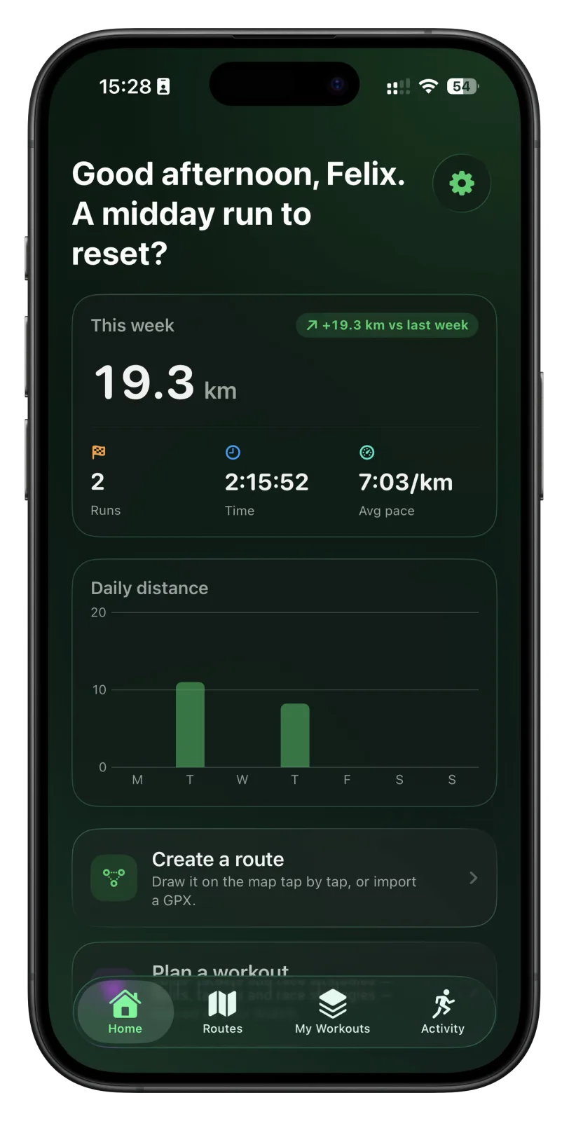 Vanoor Home tab on iPhone with a weekly distance summary and a Create a route card underneath