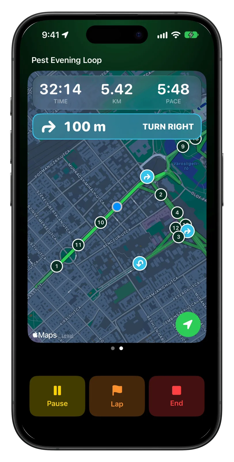 The map page of a Vanoor run on iPhone: the route on Apple Maps with kilometre markers and turn arrows, and a card saying turn right in 100 m