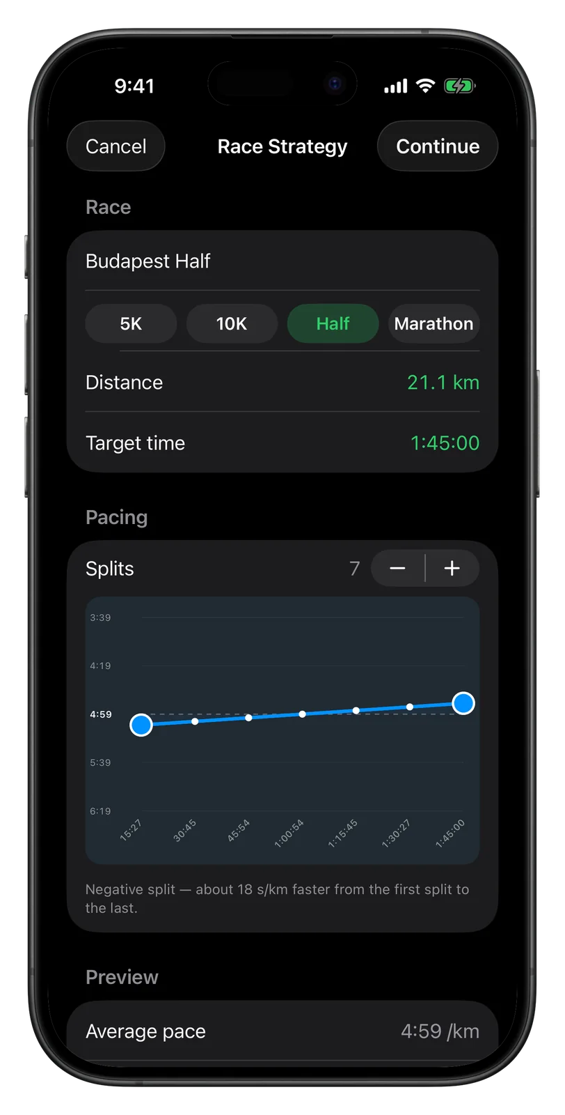 Vanoor's race pacing planner on iPhone: distance, goal time and the split curve