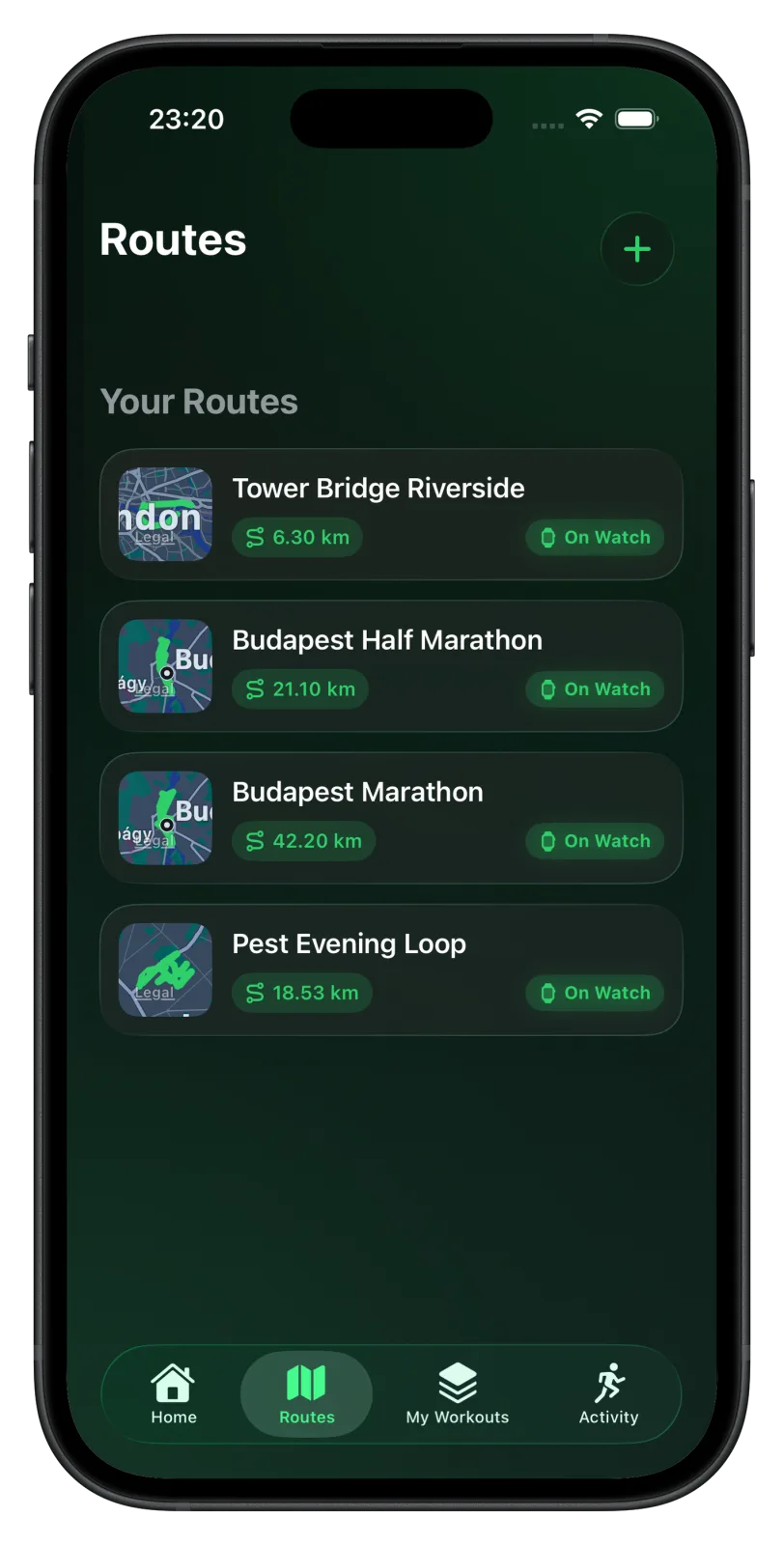 Vanoor on iPhone: the route library with each route's On Watch state