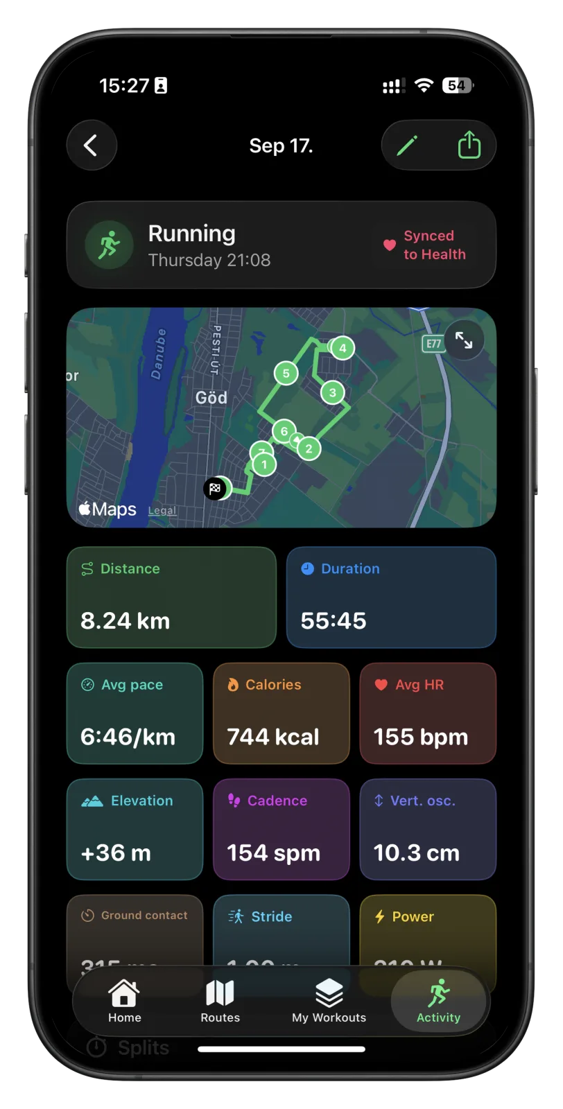 Vanoor's run detail on iPhone: pace, heart-rate and elevation charts for a finished run