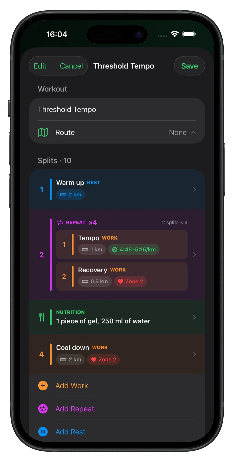 Vanoor's workout editor on iPhone: steps with distance or time, pace band, heart-rate zone, repeat blocks