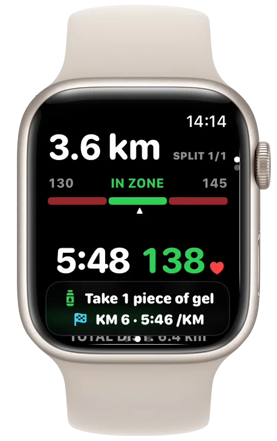 Fuel reminder banner, take 1 piece of gel, over an easy run on Apple Watch