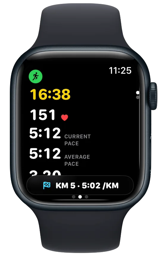 Vanoor on Apple Watch: a thin banner at the bottom reading KM 5, 5:02 per km, over the Classic data page