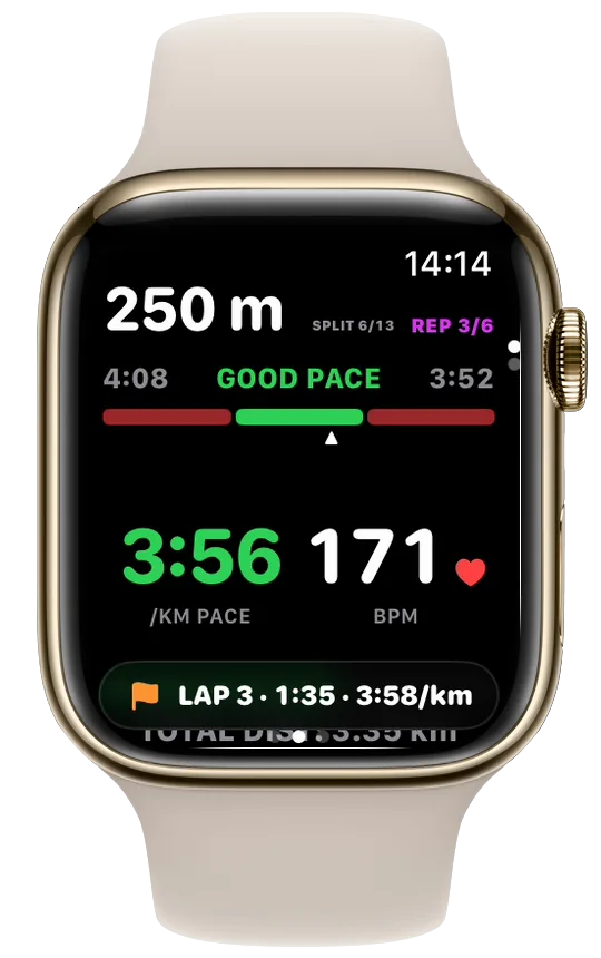 Lap 3 banner, 1:35 at 3:58 per km, under a track interval on Apple Watch