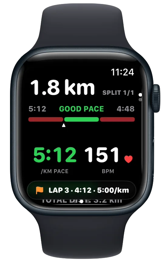 Vanoor split page on Apple Watch with a banner at the bottom: LAP 3, 4:12, 5:00 per km