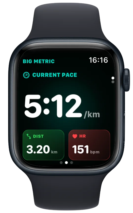Vanoor's Big Metric screen on Apple Watch: one large number with two small ones