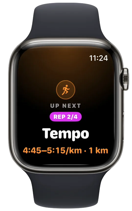 Up next on Apple Watch: Tempo, rep 2 of 4, 4:45 to 5:15 per km, 1 km