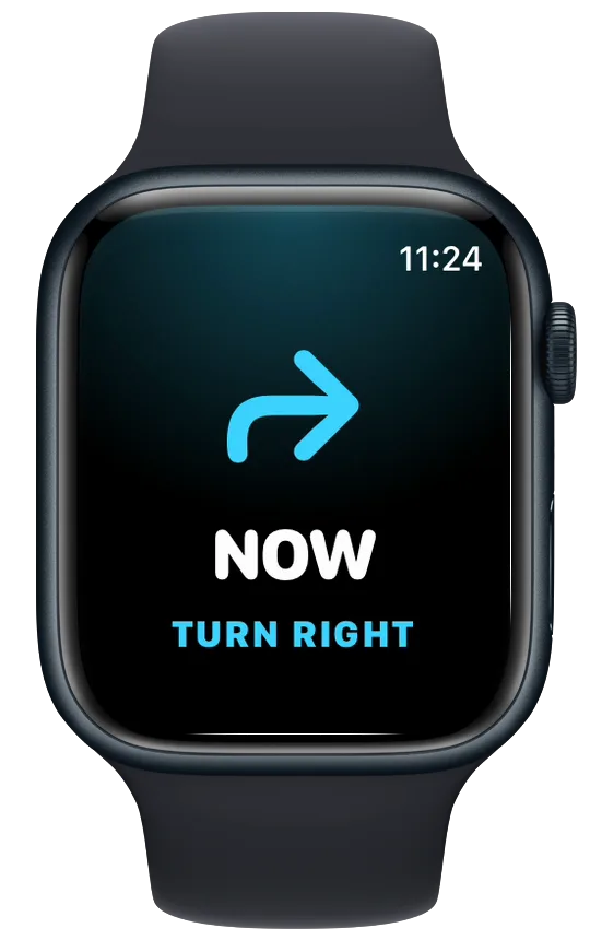 Vanoor full-screen turn card on Apple Watch: a large right arrow, NOW, TURN RIGHT