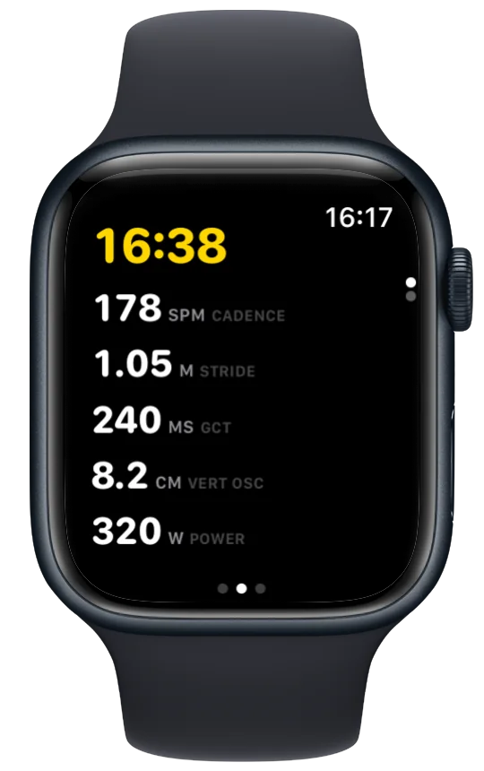 Vanoor's Metrics screen on Apple Watch: cadence, power, stride length, ground contact time