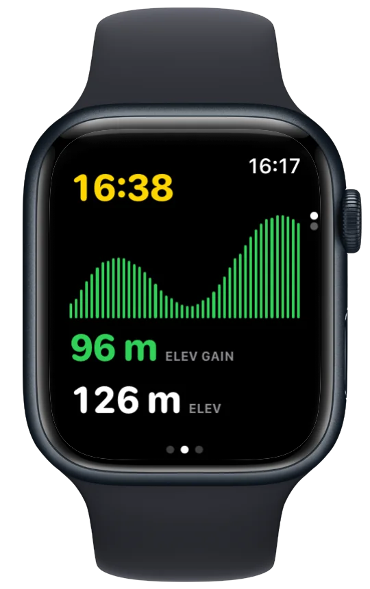 Vanoor's elevation screen on Apple Watch: the live elevation profile with gain and grade