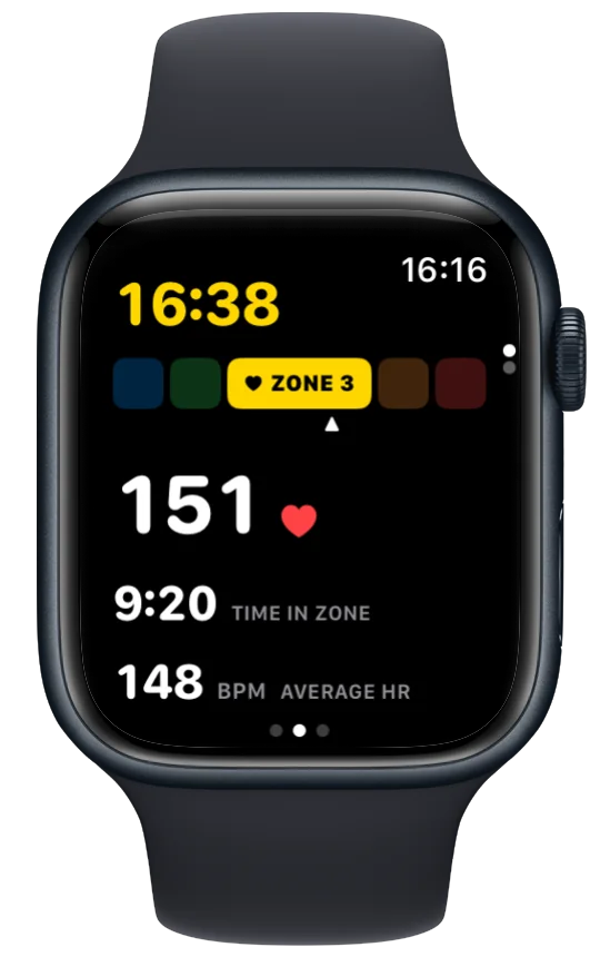 Vanoor's heart-rate screen on Apple Watch: current heart rate, the zone it is in and the zone band