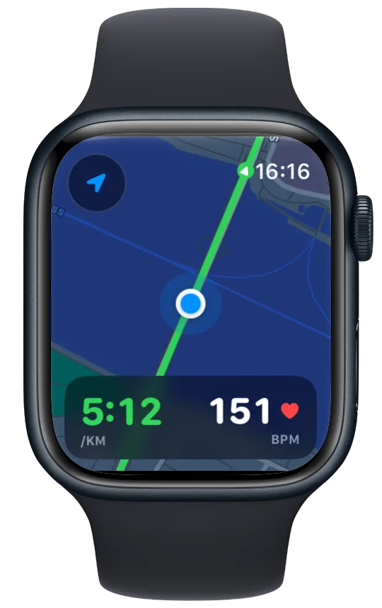 Vanoor on Apple Watch: the route line, the runner's position and the offline map, no iPhone nearby