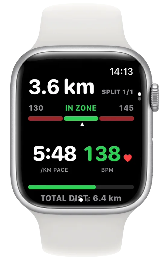 An easy run on Apple Watch held inside a 130 to 145 bpm heart-rate band