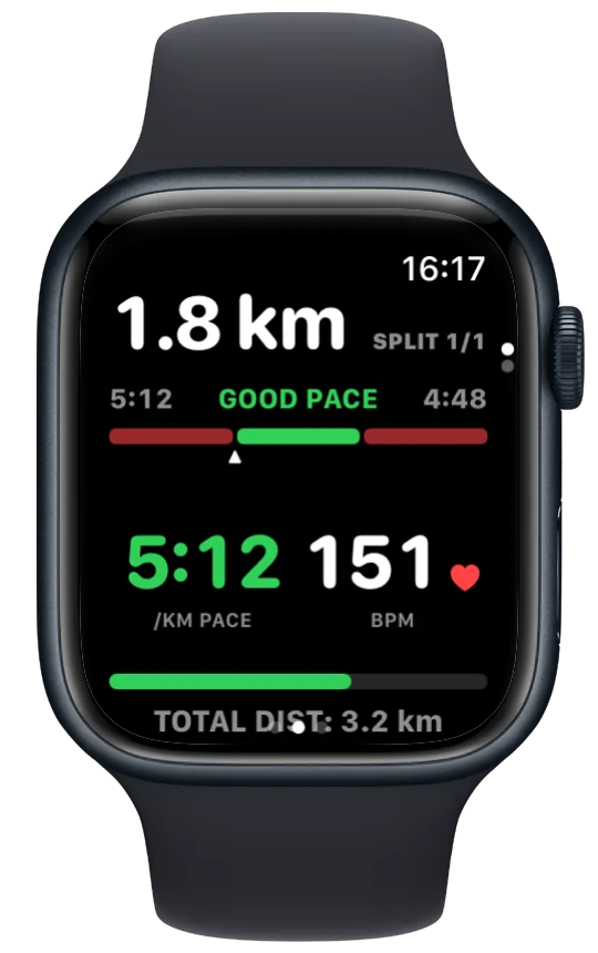 Vanoor's pacer screen on Apple Watch: the target band, live pace and seconds ahead of plan